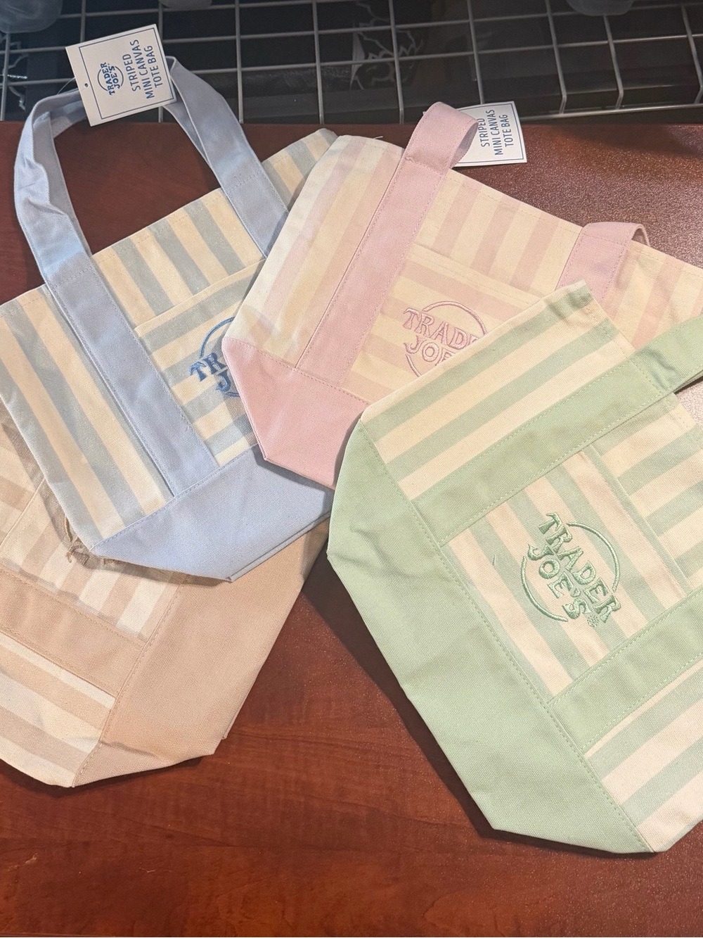 NWT Trader Joe's Pastel Stripe Mini Tote Bag. Set of 4 Pink, Blue, Green & Tan